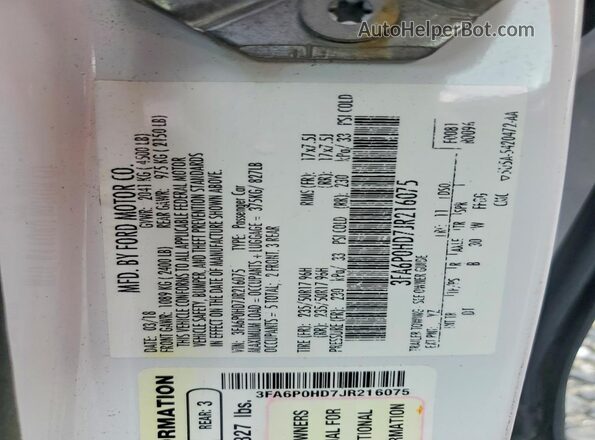 3FA6P0HD7JR216075 2018 FORD FUSION White Vista del compartimento del motor