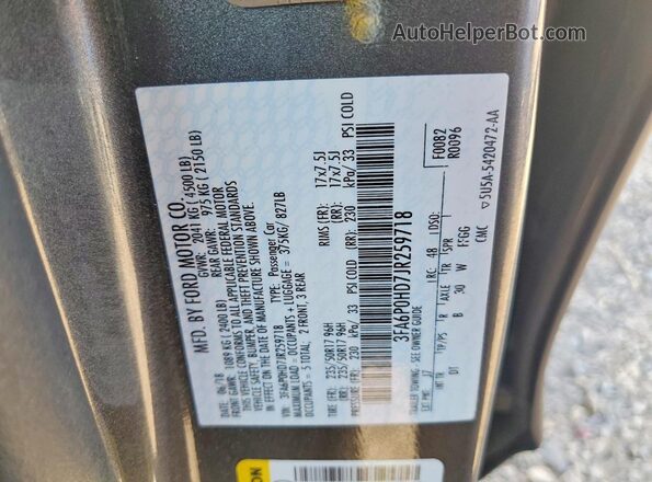 3FA6P0HD7JR259718 2018 FORD FUSION Gray Widok komory silnika