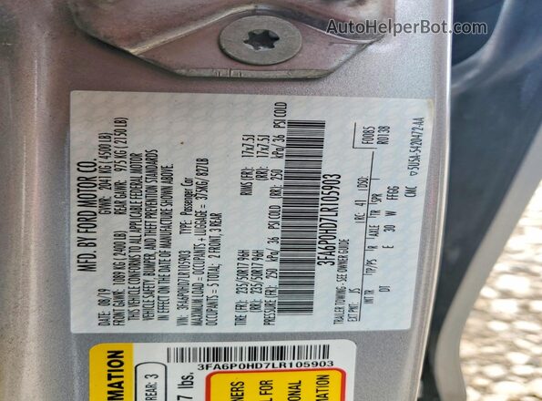 3FA6P0HD7LR105903 2020 FORD FUSION Silver VIN կոդի պիտակի տեսք