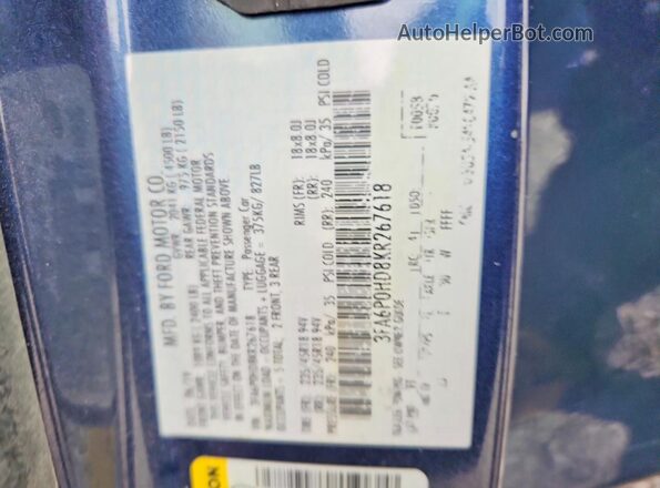 3FA6P0HD8KR267618 2019 FORD FUSION Blue ძრავის განყოფილების ხედი