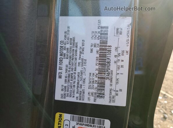3FA6P0HD8LR110818 2020 FORD FUSION Gray Vista del compartimento del motor