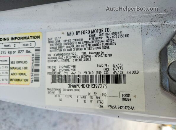3FA6P0HDXHR397375 2017 FORD FUSION White ძრავის განყოფილების ხედი