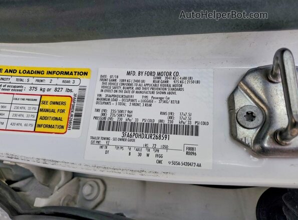 3FA6P0HDXJR268591 2018 FORD FUSION White VIN კოდის სტიკერის ხედი