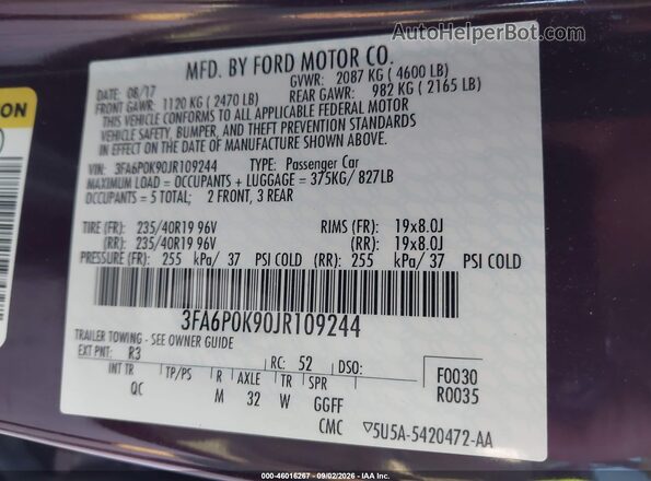 3FA6P0K90JR109244 2018 FORD FUSION Burgundy Engine compartment view