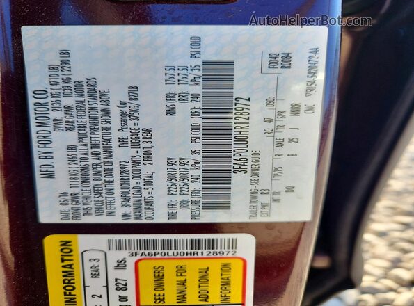 3FA6P0LU0HR128972 2017 FORD FUSION Maroon Vista del compartimento del motor