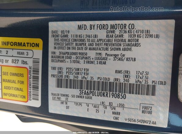 3FA6P0LU0KR190850 2019 FORD FUSION HYBRID Blue Widok komory silnika