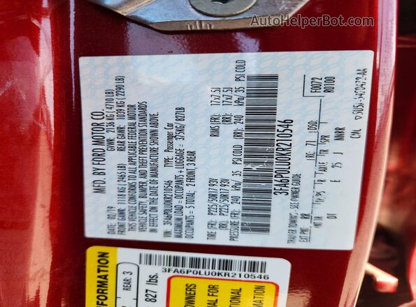 3FA6P0LU0KR210546 2019 FORD FUSION Red VIN კოდის სტიკერის ხედი