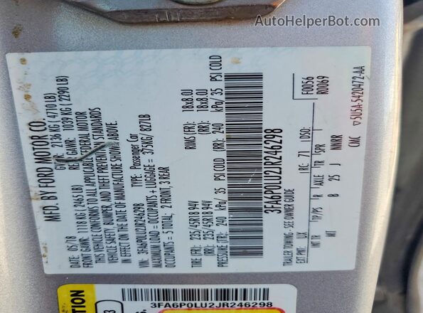 3FA6P0LU2JR246298 2018 FORD FUSION Silver Вид підкапотного простору