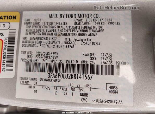 3FA6P0LU2KR141567 2019 FORD FUSION HYBRID Silver Vista del compartimento del motor