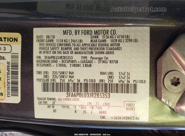 3FA6P0LU3JR285353 2018 FORD FUSION HYBRID Серый Вид подкапотного пространства