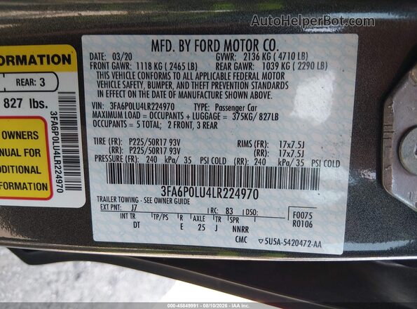 3FA6P0LU4LR224970 2020 FORD FUSION Gray Vista del compartimento del motor