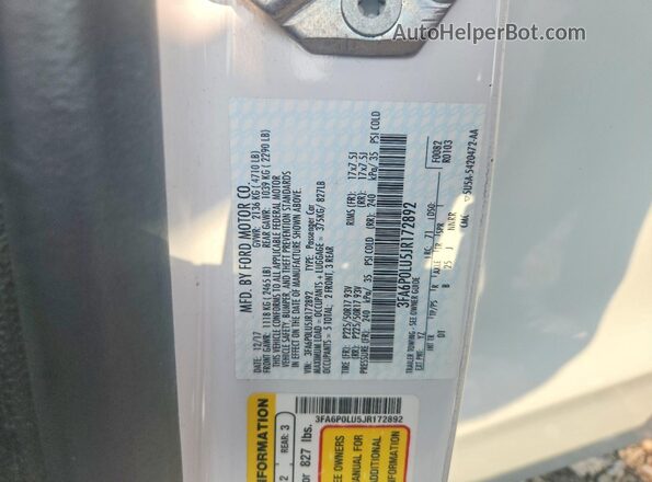 3FA6P0LU5JR172892 2018 FORD FUSION White Vista del compartimento del motor