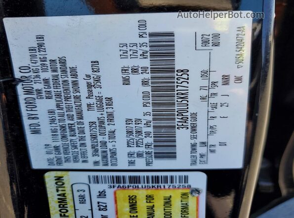 3FA6P0LU5KR175258 2019 FORD FUSION Черный Вид подкапотного пространства