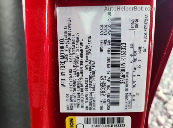 3FA6P0LU5LR163323 2020 FORD FUSION Red Вид наклейки з VIN-кодом