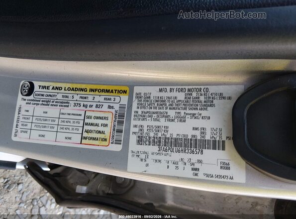 3FA6P0LU6HR336578 2017 FORD FUSION HYBRID Silver Vista del compartimento del motor