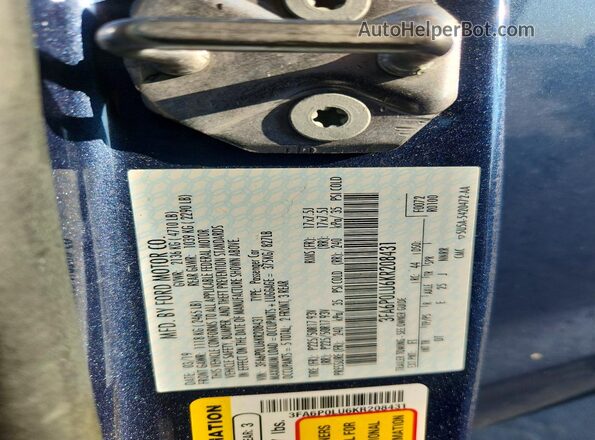 3FA6P0LU6KR208431 2019 FORD FUSION Blue VIN კოდის სტიკერის ხედი