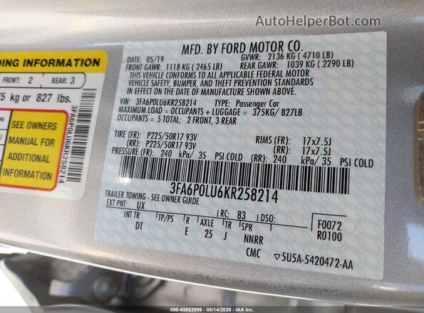 3FA6P0LU6KR258214 2019 FORD FUSION HYBRID Серебряный Вид подкапотного пространства