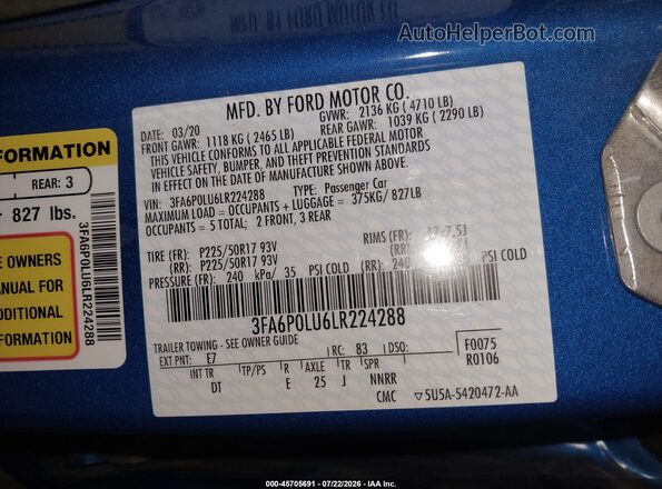 3FA6P0LU6LR224288 2020 FORD FUSION Blue Շարժիչի բաժամունքի տեսք