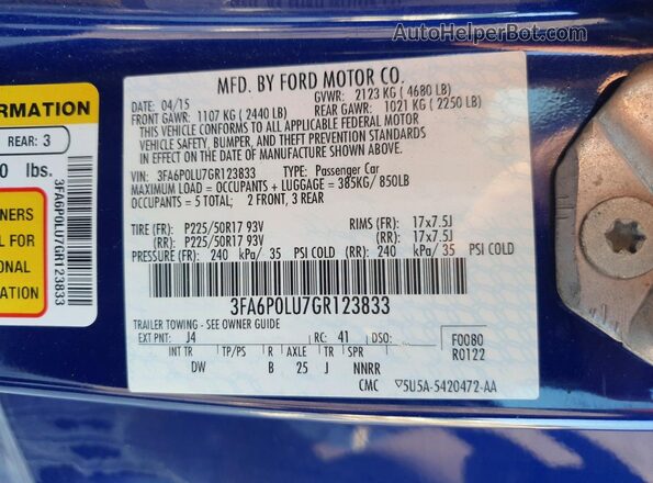 3FA6P0LU7GR123833 2016 FORD FUSION Blue ძრავის განყოფილების ხედი