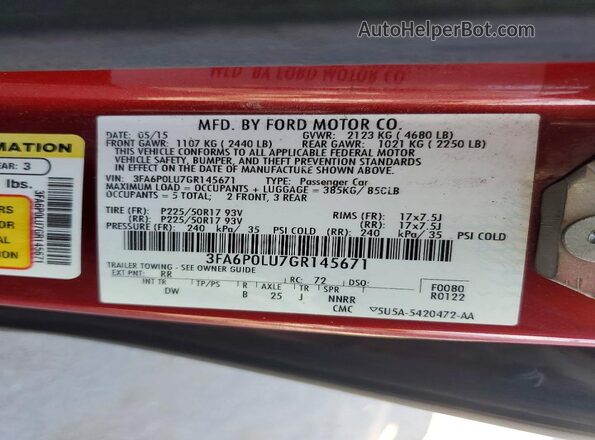 3FA6P0LU7GR145671 2016 FORD FUSION Red Widok komory silnika