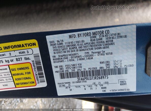 3FA6P0LU7JR268975 2018 FORD FUSION HYBRID Blue Engine compartment view