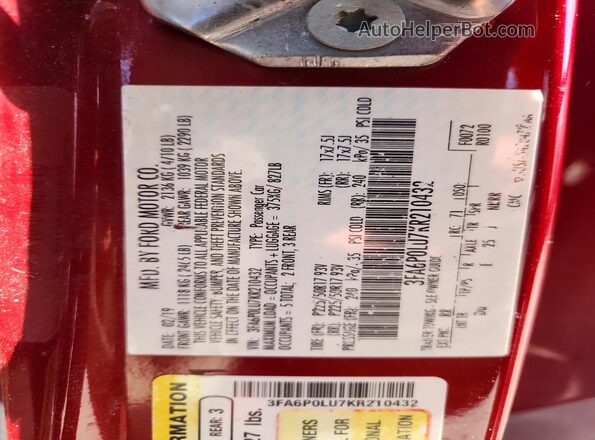 3FA6P0LU7KR210432 2019 FORD FUSION Red ძრავის განყოფილების ხედი