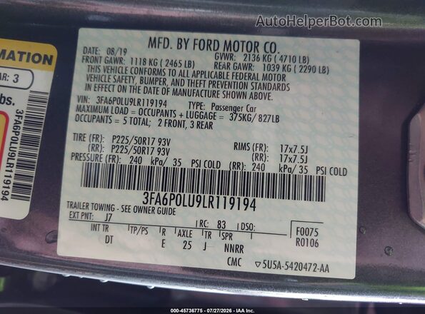 3FA6P0LU9LR119194 2020 FORD FUSION Gray Շարժիչի բաժամունքի տեսք