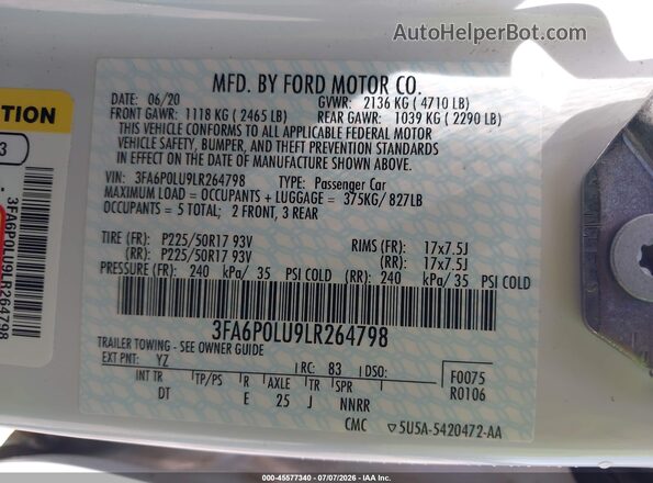 3FA6P0LU9LR264798 2020 FORD FUSION Белый Вид подкапотного пространства