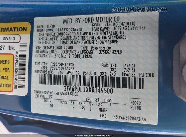 3FA6P0LUXKR149500 2019 FORD FUSION HYBRID Blue Widok komory silnika