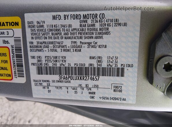 3FA6P0LUXKR274657 2019 FORD FUSION HYBRID Silver Widok komory silnika