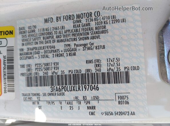 3FA6P0LUXLR197046 2020 FORD FUSION White Շարժիչի բաժամունքի տեսք