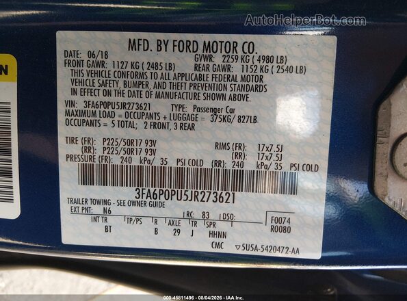 3FA6P0PU5JR273621 2018 FORD FUSION ENERGI Blue Շարժիչի բաժամունքի տեսք