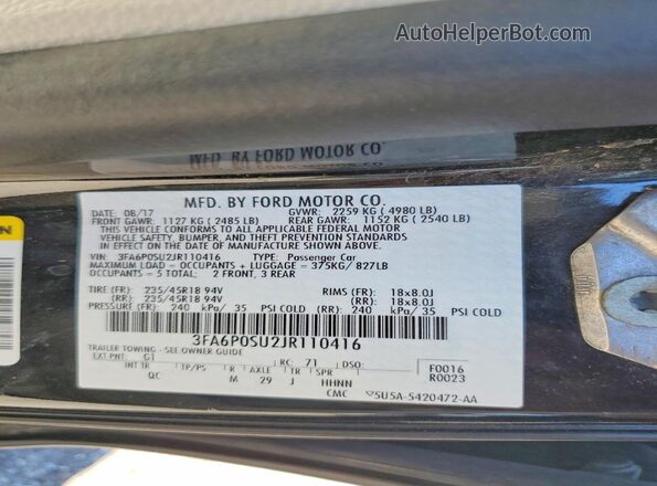 3FA6P0SU2JR110416 2018 FORD FUSION Black Շարժիչի բաժամունքի տեսք