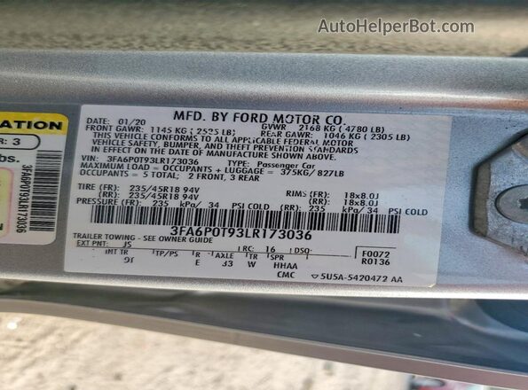 3FA6P0T93LR173036 2020 FORD FUSION Silver Widok komory silnika