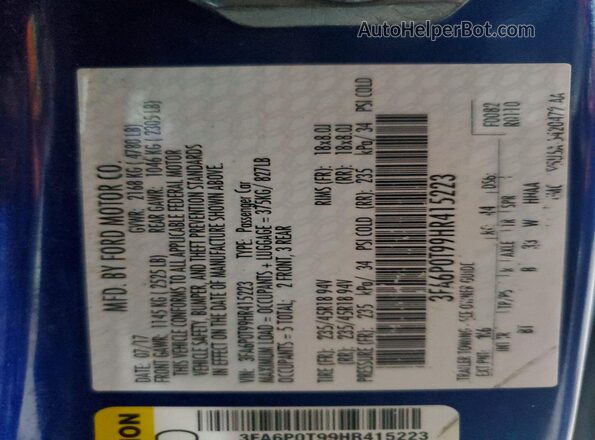 3FA6P0T99HR415223 2017 FORD FUSION Синий Вид подкапотного пространства