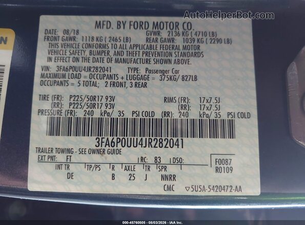 3FA6P0UU4JR282041 2018 FORD FUSION HYBRID Blue Շարժիչի բաժամունքի տեսք