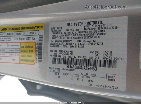 3FA6P0UU8JR254453 2018 FORD FUSION Silver Շարժիչի բաժամունքի տեսք