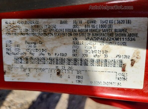 3FADP4BJ2KM111536 2019 FORD FIESTA Red Vista del compartimento del motor