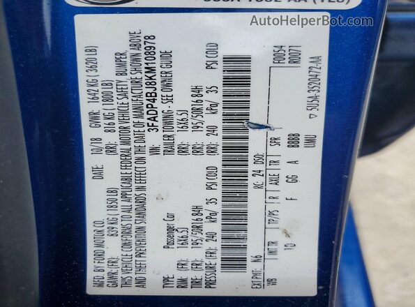 3FADP4BJ8KM108978 2019 FORD FIESTA Blue Vista de la etiqueta del VIN