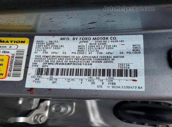 3FMCR9B60PRD81038 2023 FORD BRONCO Silver VIN sticker view