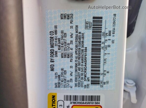 3FMCR9DA4SRF61584 2025 FORD BRONCO White Widok wnętrza 360 stopni