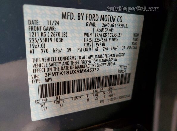 3FMTK1SUXRMA45370 2024 FORD MUSTANG Blue Vista de la etiqueta del VIN
