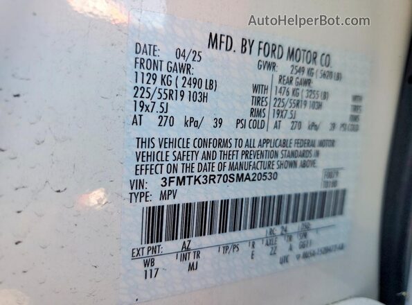3FMTK3R70SMA20530 2025 FORD MUSTANG White Widok naklejki z numerem VIN