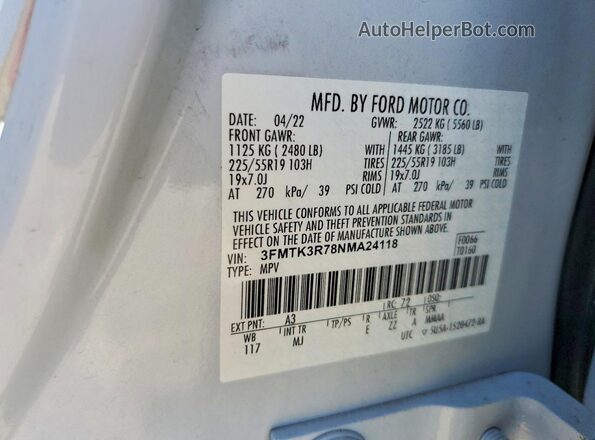3FMTK3R78NMA24118 2022 FORD MUSTANG White VIN կոդի պիտակի տեսք