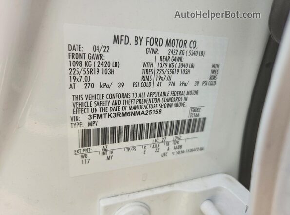 3FMTK3RM6NMA25158 2022 FORD MUSTANG White Widok naklejki z numerem VIN