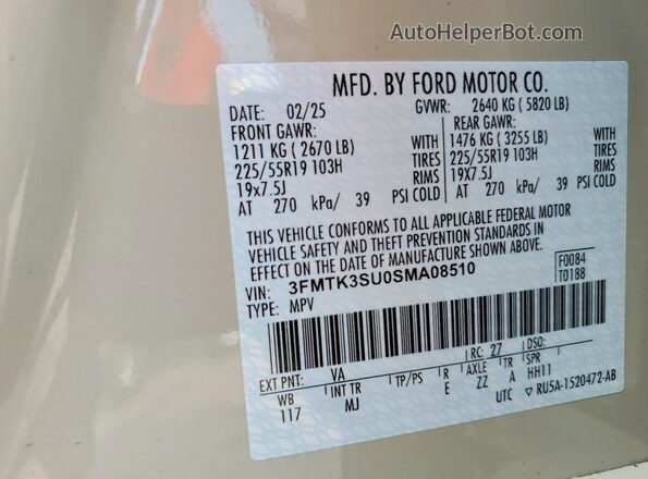 3FMTK3SU0SMA08510 2025 FORD MUSTANG Кремовый Вид наклейки с VIN-кодом