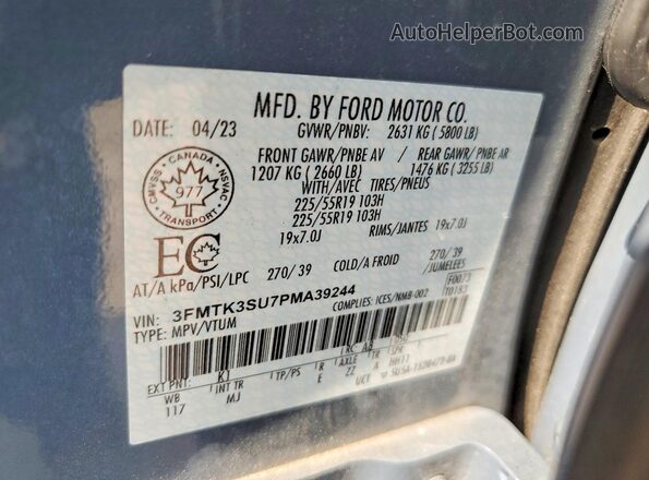 3FMTK3SU7PMA39244 2023 FORD MUSTANG Blue VIN կոդի պիտակի տեսք