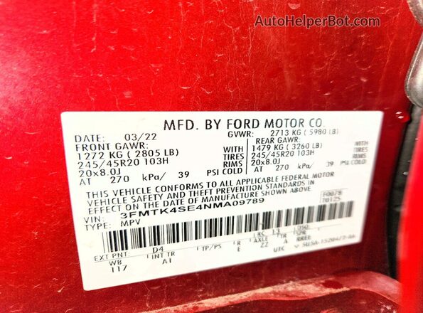 3FMTK4SE4NMA09789 2022 FORD MUSTANG Red Widok naklejki z numerem VIN