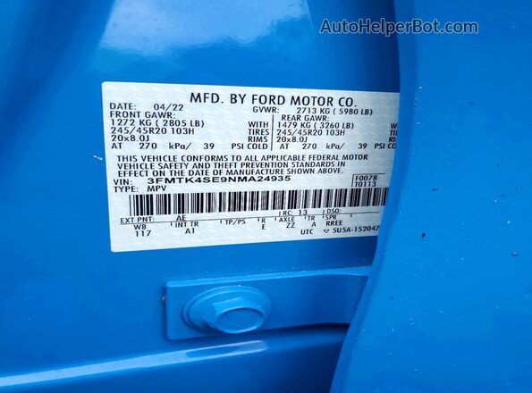 3FMTK4SE9NMA24935 2022 FORD MUSTANG Blue Widok naklejki z numerem VIN