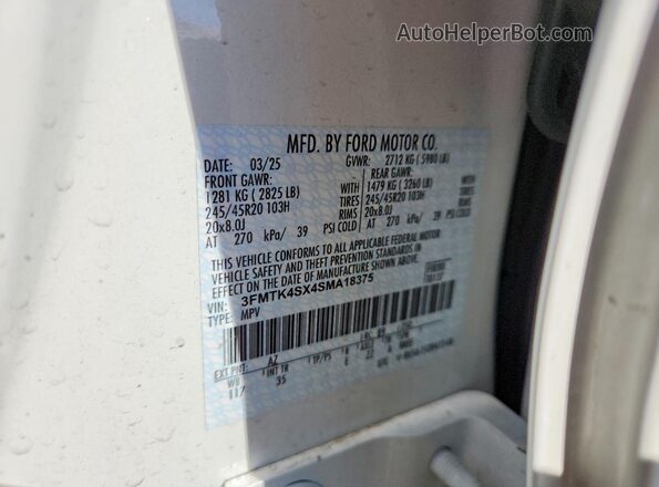 3FMTK4SX4SMA18375 2025 FORD MUSTANG White სალონის 360-გრადუსიანი ხედი